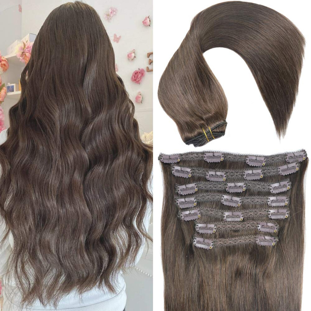 Eufficco Unisex Brown Real Human Hair Lace Clip In Hair Extensions Thick Ends Color Dark #2 14Inch 100G Remy Hair Extensions Silky Soft Straight Double Wefte