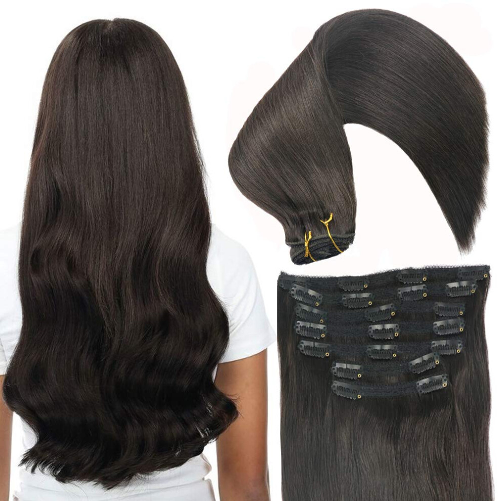 Eufficco Unisex Black Real Human Hair Lace Clip In Hair Extensions Thick Ends Color Off #1B 14Inch 100G Remy Hair Extensions Silky Soft Straight Double Wefte