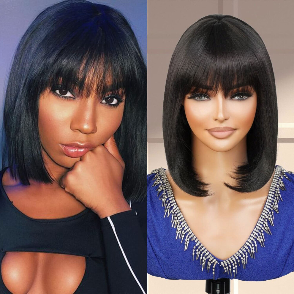 Studiocut Autorstwa Pro Medium Bob Hair Peruka 14 -Calowy Prosty Bob Z China Bangs Win Cut Peruke Dla Czarnych Kobiet Odpornych Na Cieplo Peruki-image