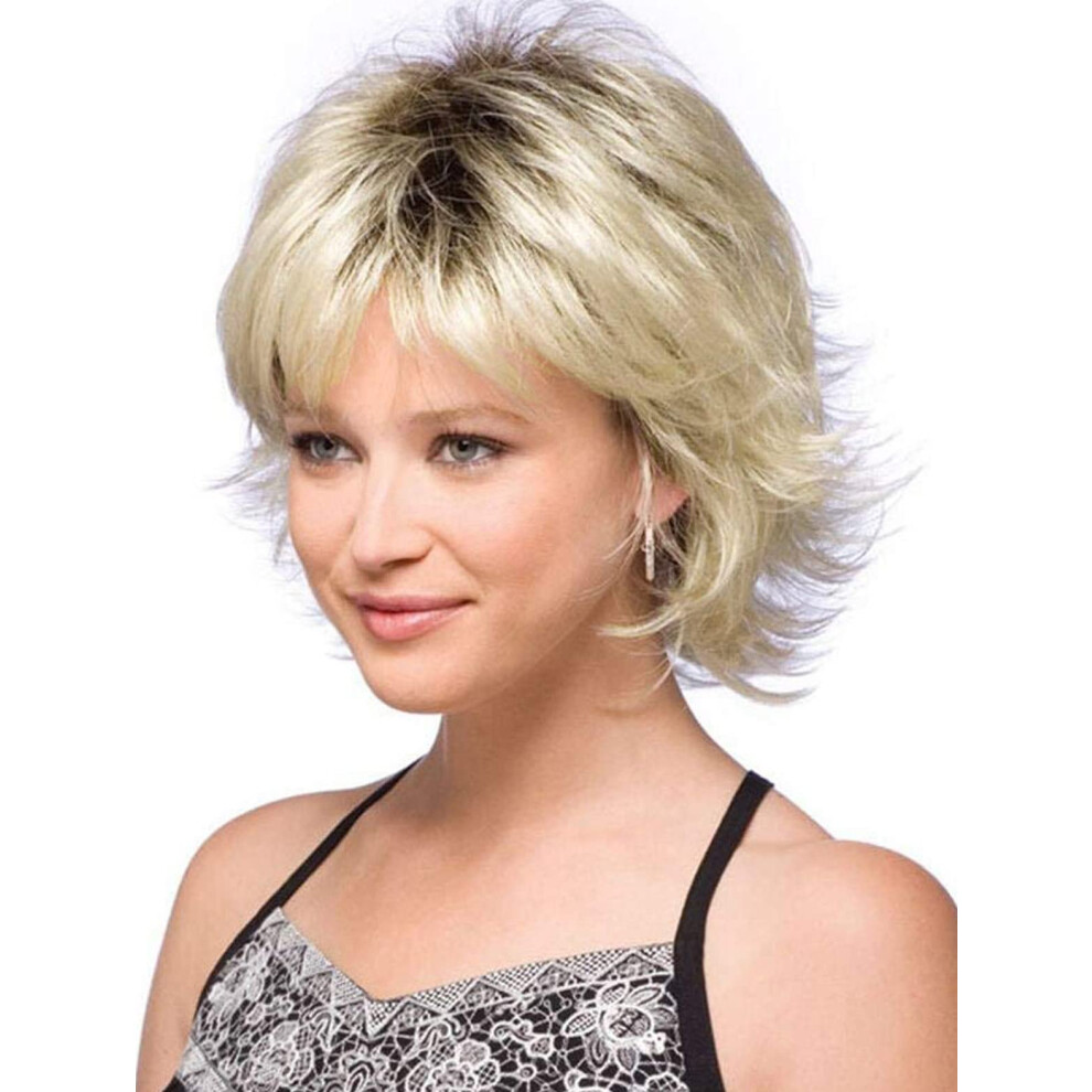 Nicetobuy Unisex Black Umeet Heat Resistant Synthetic Wigs For Daily Use Short Curly Wavy Ombre Blonde With Roots Wig With Bangs Wigs For Women