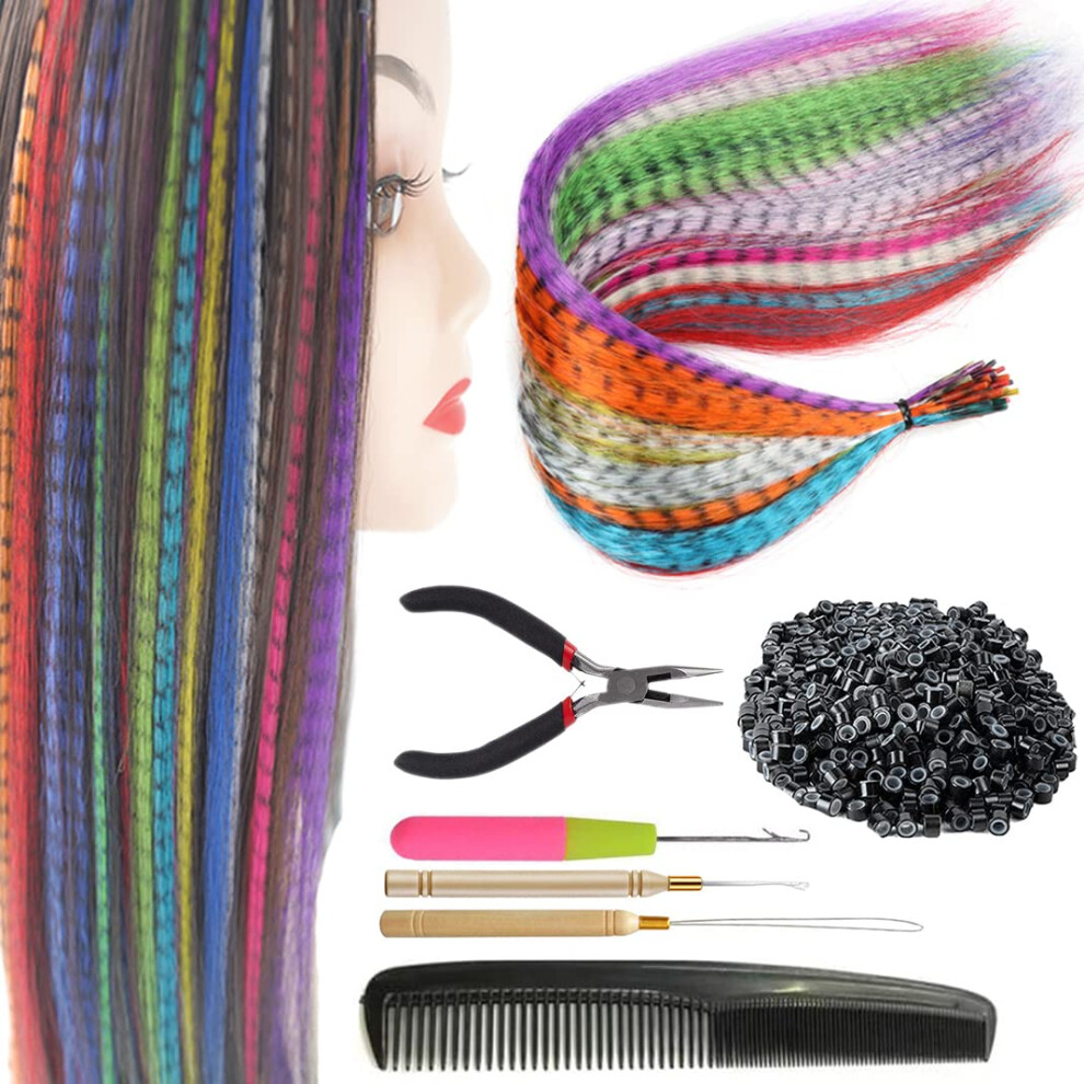 Xiao Tao Zi 17'' Synthetic Feather Hair Extensions 13Pcs/Lot Hair Pieces +50 Pcs Silicone Micro Beads+3 Pcs Crochet Hook +1 Hair Pliers +1 Comb Hair F