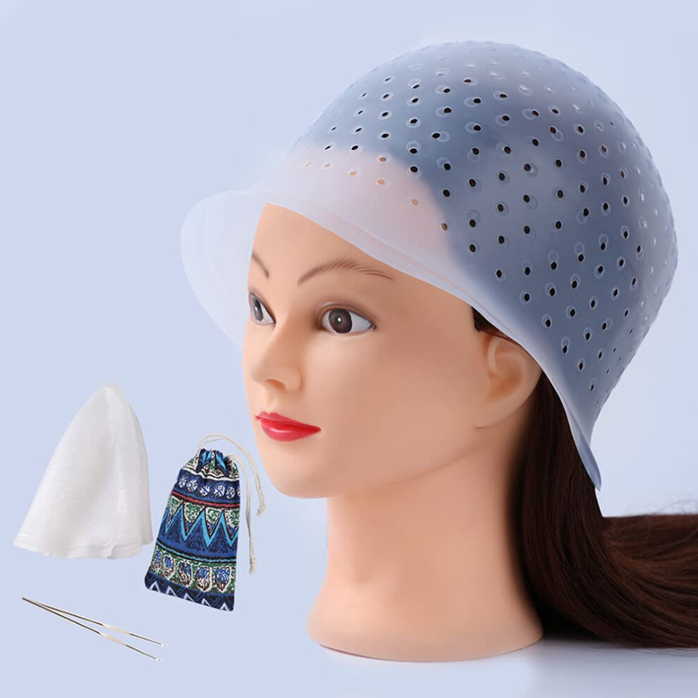 Milange Pre-Punched Highlight Cap 2 Sets (White And Blue) Open Holes Reusable Silicone Hair Highlighting Dye Cap With Hook Hair Caps For Highlights Pr