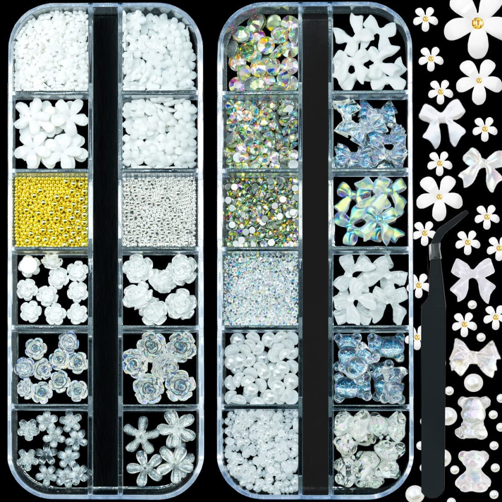 Qiipii White/Golden/Silver Nail Charms Flower Butterfly Bear Bow 2400Pcs 3D Nail Art Kit /Aurora Rose Nail Flower Art Metal Caviar Beads Nail Pearls Rhinest
