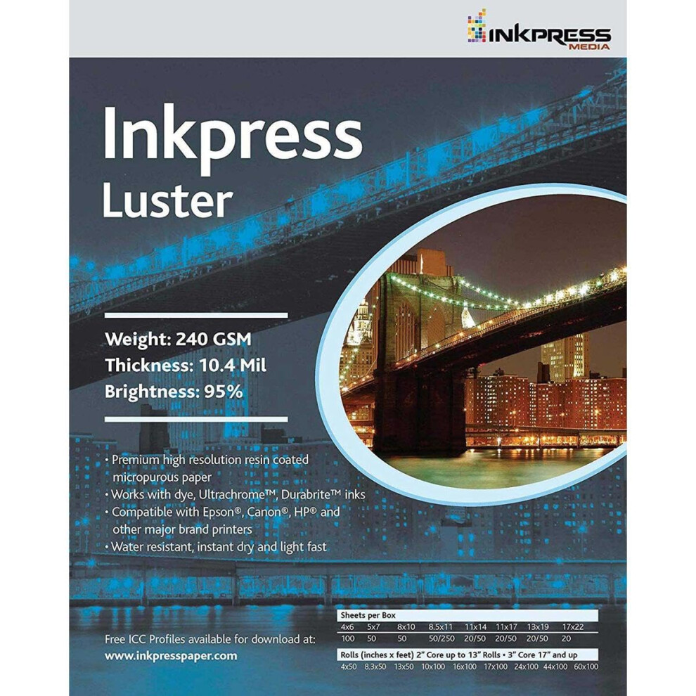 Papier photo jet d'encre Inkpress Luster Premium, couch    r   sine brillant, simple face, 10,4 mil. 240 g/m   . 100 feuilles.