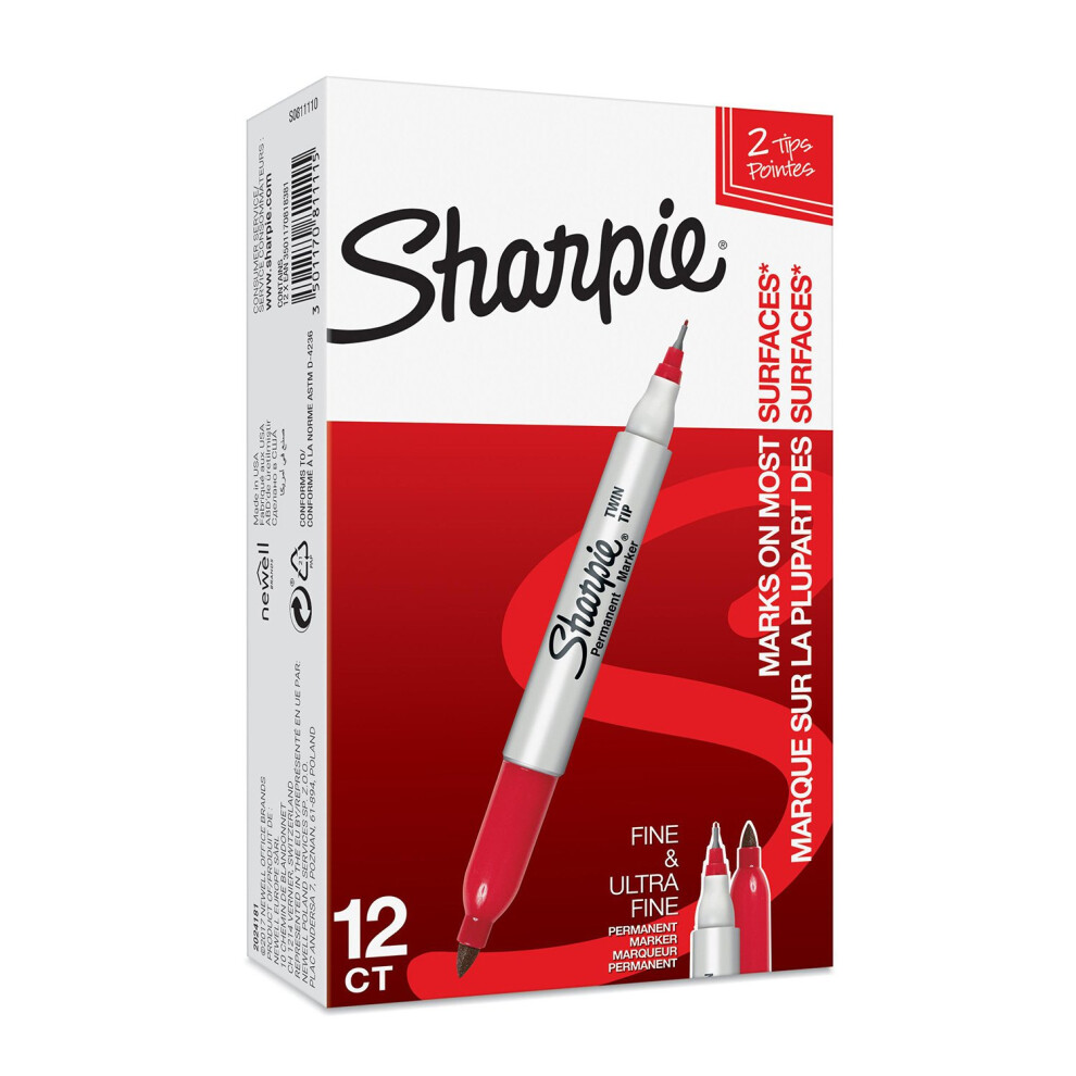 Sharpie Twin Tip Permanent Markers | Fine & Ultra-Fine Points | Red | 12 Count