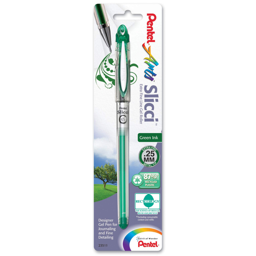 Pentel Arts Slicci 0.25 mm Extra Fine Gel Pen  Green Ink  1 Pack (BG202BPD)