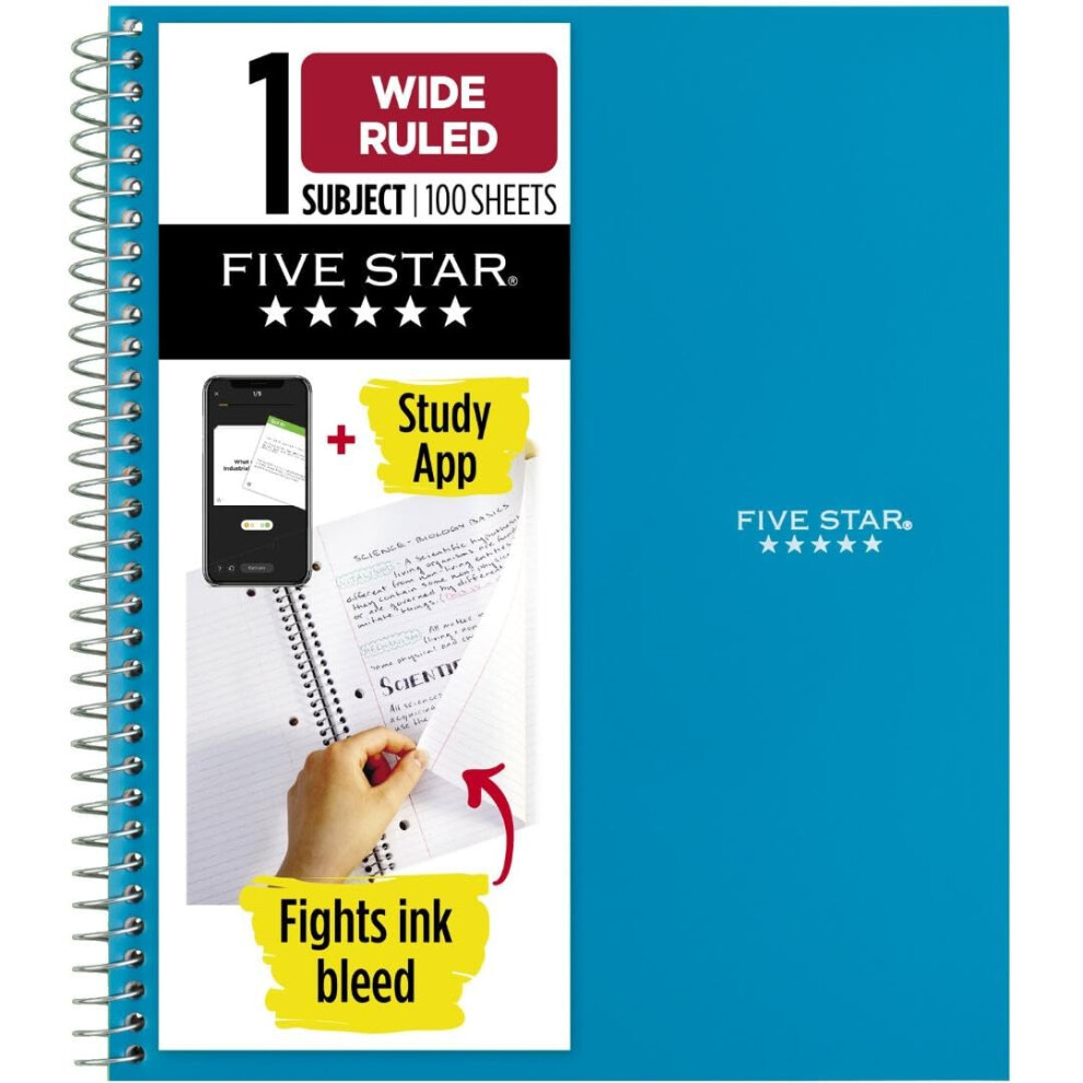 Photos - Notebook Star Five  Spiral  Plus Study App 1 Subject Wide Ruled Paper 100 Sheets 8"""" x 10-1/2"""" Tidewater Blue  728 (72875)