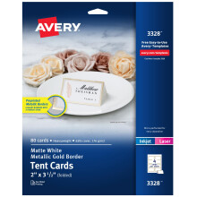 Avery printbart teltkort 2"""" x 3,5"""" hvidt med metalliske guldkanter 80 tomme bordkort til laser- eller inkjetprintere (3328)