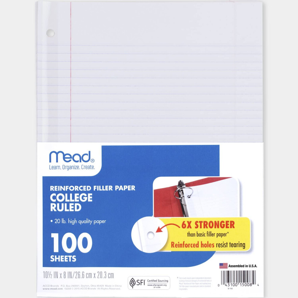 Mead Loose Leaf Paper 3 Pack Notebook Paper College Ruled Filler Paper Reinforced 8 x 10.5 100 Sheets per Pack (38037)