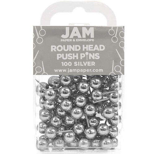 JAM PAPER Colorful Push Pins - Round Head Map Thumb Tacks - Silver PushPins - 100/Pack