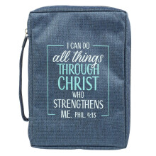 Christelijke kunstcadeaus Bijbelhoes voor mannen/vrouwen Ik kan alles Filippenzen 4:13 Blauw/Turquoise Canvas Groot