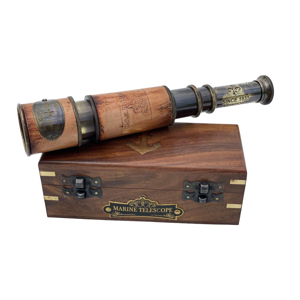 Telescope Maritime Sailors Masterpiece With Wooden Box Nautical 14"""" Inches Handheld Brass Spyglass Marine Telescope Nautical Pirate Scope. 7352287745567