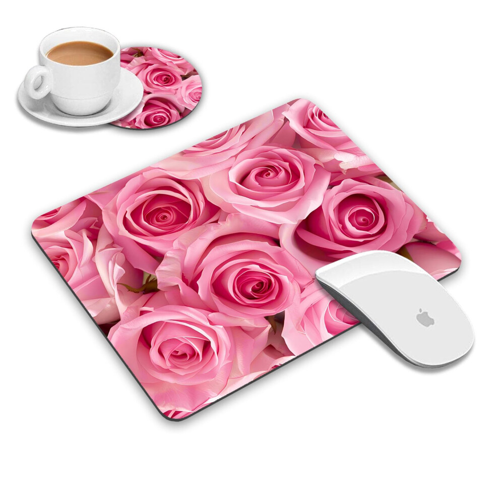 Loworo Mouse Pad And Coasters Set Roses Mouse Pad Non-Slip Rubber Base Rectangle Mouse Pads For Laptop And Computer Office Accessories Pink 8133043177636
