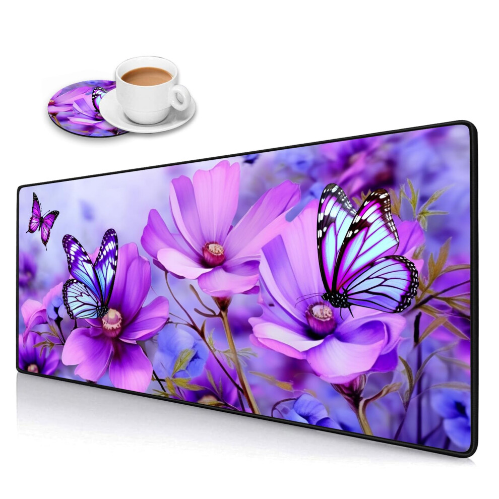 Tapis de souris de jeu avec dessous de verre, bords cousus, tapis de souris XXL pour ordinateur portable, tapis d'   criture de bureau     fleurs et