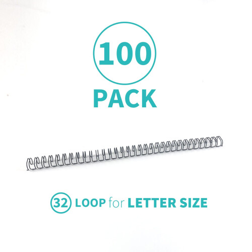 Binditek 100 Pack Double Loop Wire Binding Spines  7/16Inch Binding Wire for Letter Size  3:1 Pitch  80 Sheet Capacity  32-Loop  Black  for Students a 2