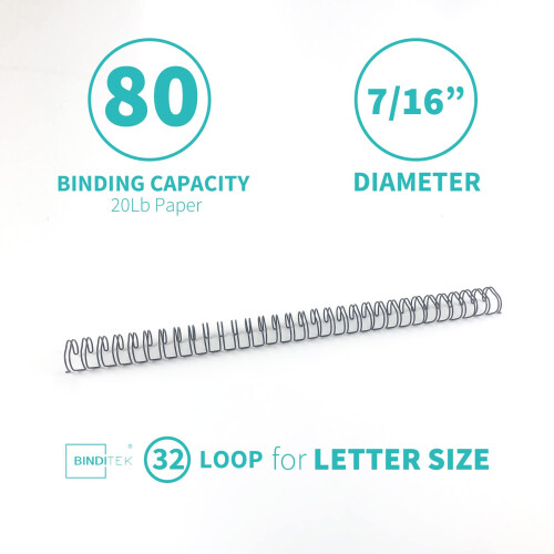 Binditek 100 Pack Double Loop Wire Binding Spines  7/16Inch Binding Wire for Letter Size  3:1 Pitch  80 Sheet Capacity  32-Loop  Black  for Students a 1