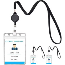KINGSUM 3 Pack Lanyard with ID Holder Sets - Flat ID Lanyard with Retractable Badge Reel & Heavy Duty Clear Vertical ID Card Name Badge Holder (Black