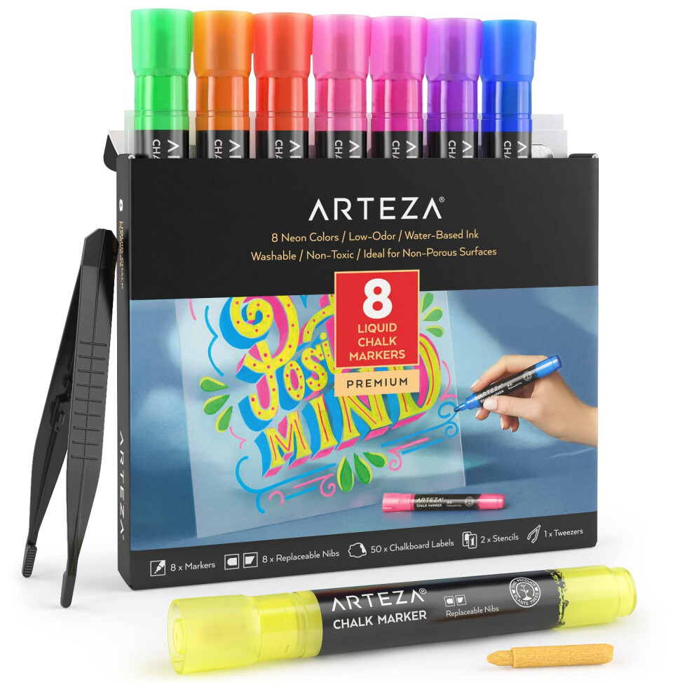 ARTEZA Vloeibare Krijtmarkers, Set van 8 Neon Kleuren, Uitwisbaar & Wasbaar