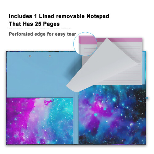 Cute Clipboard Folio with Refillable Lined Notepad and Interior Storage Pocket for Office Stylish A4 Foldable Clipfolio - Nebula Galaxy 2