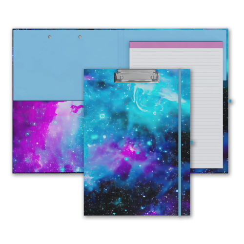 Cute Clipboard Folio with Refillable Lined Notepad and Interior Storage Pocket for Office Stylish A4 Foldable Clipfolio - Nebula Galaxy
