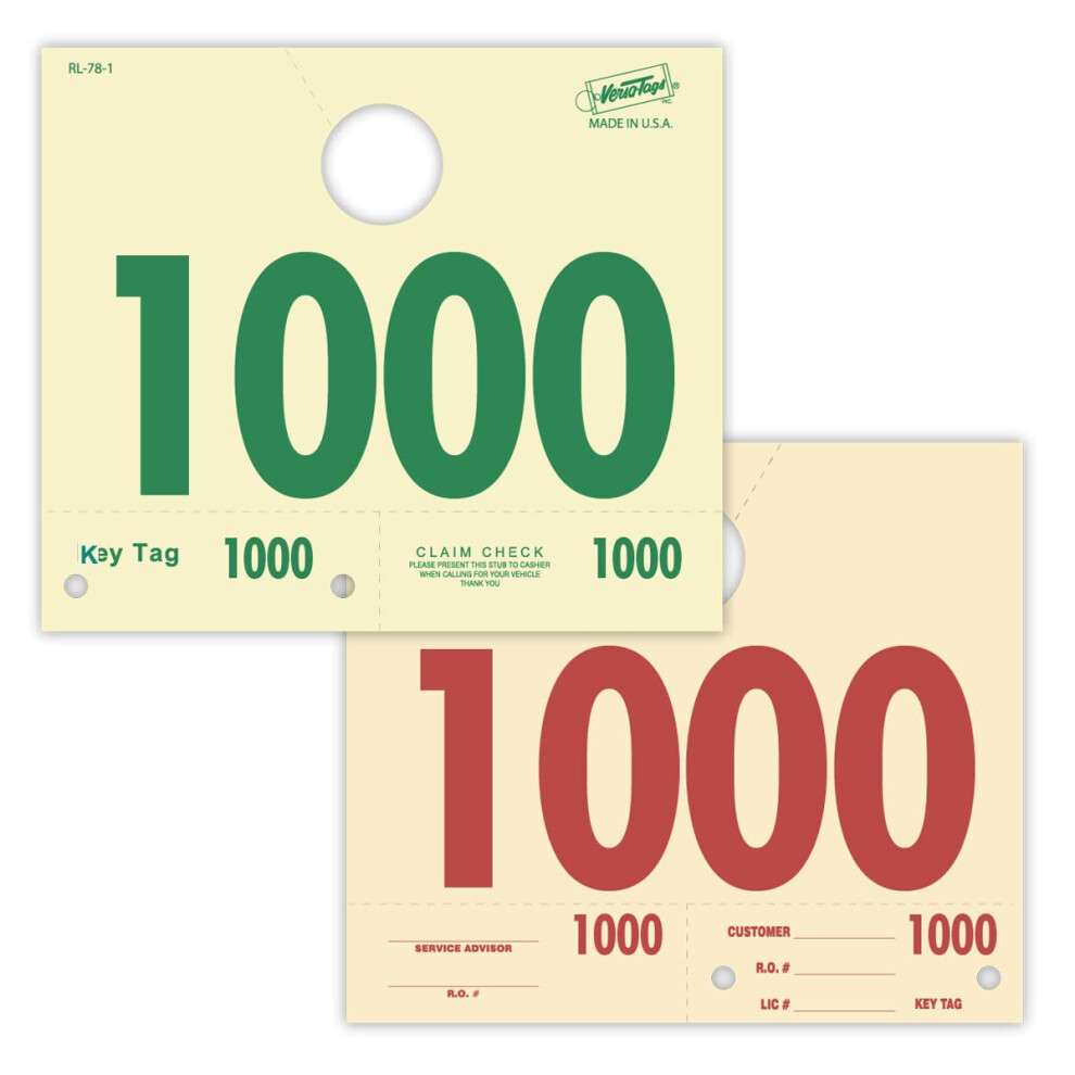 1000 Automotive Service Dispatch Numbers Mirror Hang Tags Numbered 1000-1999 RL78 Style Red Green Service Dispatch Numbers Manilla Card Stock with 1.2