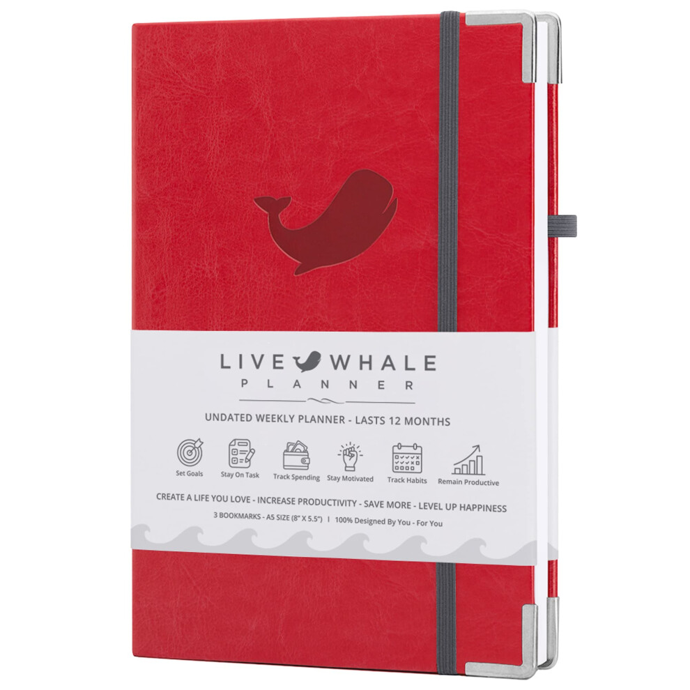 Live Whale Full Focus Planner - Non-Dated Weekly Planner  Undated Time Tracker Planner Journal for Productivity and Goal Setting. (Red/Grey)