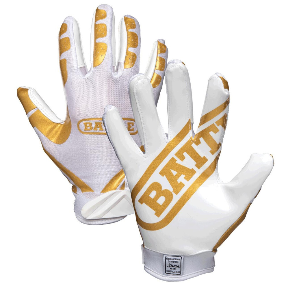 Battle Sports Ultra-Stick Wide Receiver Football Gloves - Adult & Youth Football Gloves - Adult Large, Gold/White