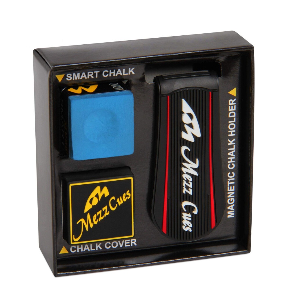 Ensemble de craie intelligente Mezz   : craie pour queue de billard, porte-craie et housse de protection (noir avec logo blanc)