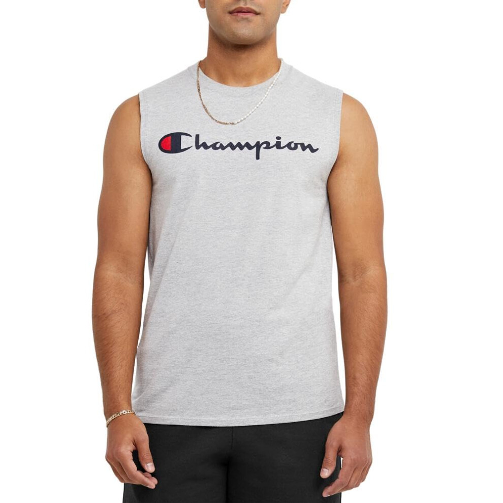 Champion Men's Classic Jersey Muscle Tee Screen Print Script Oxford Gray Small