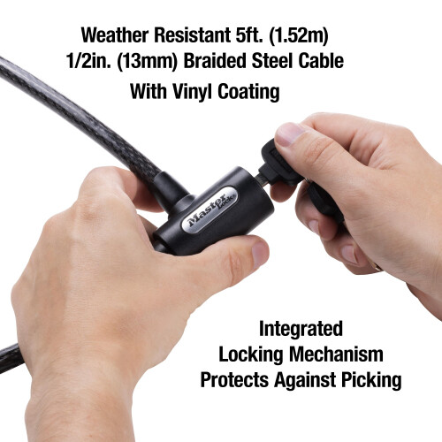 Master Lock Cadeado de bicicleta com cabo Master Lock 8364DCC com chave de 5 ps de comprimento preto 2