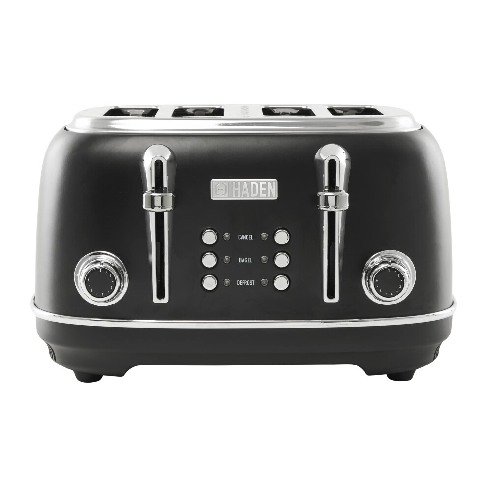 Haden Heritage 4 Slice Wide Slot Stainless Steel Toaster with Adjustable Browning Control & Non-Slip Feet  Black & Chrome