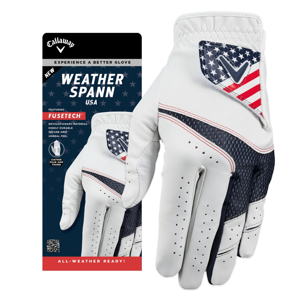 Callaway Golf Weather Spann Glove (Worn on Left Hand  Cadet (Short Fingers)  X-Large  Red/White/Blue)