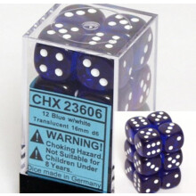 Chessex Dice d6 s?t: bl? med hvid gennemskinnelig - 16 mm sekssidet terning (12) terningblok