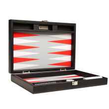 13-inch Premium Backgammon Set - Travel Size - Black Board, White and Scarlet Red Points