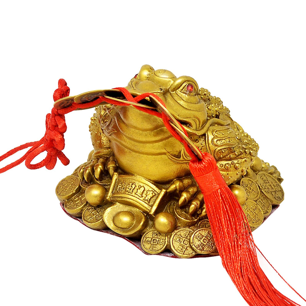 Nc Fengshuibringluck Brass Feng Shui Money Frog Statue Avec 5 Lucky Charm Coins Anciens Sur Red String Feng Shui Dcor Pour La Voiture Domicile-image