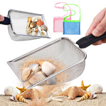 TUSAUW 4 stk. hajtandsigte og nettaske til Shell Opsamlingssand Sifter til Beach Shark Tooth Sifter til The Beach Beach mesh skovl til drenge og