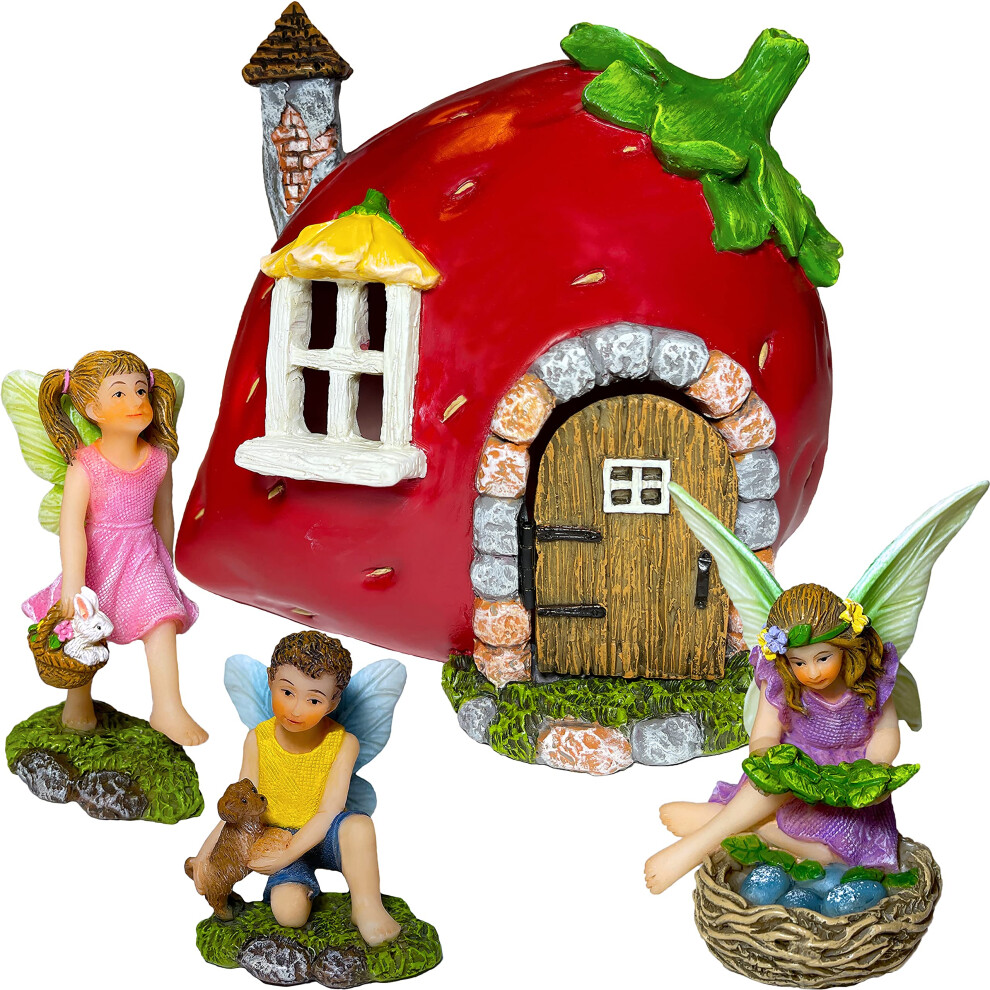 Mood Lab Fairy Garden - Ensemble de 4 maisons de f   es aux fraises - Figurines et accessoires miniatures - D   coration d'ext   rieur et de maison