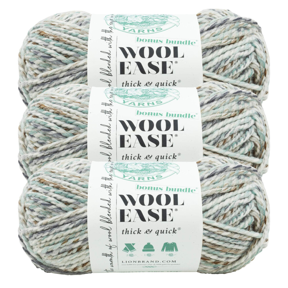 (3 Pack) Lion Brand Yarn Wool-Ease Thick & Quick Bonus Bundle Bulky Yarn  Seaglass