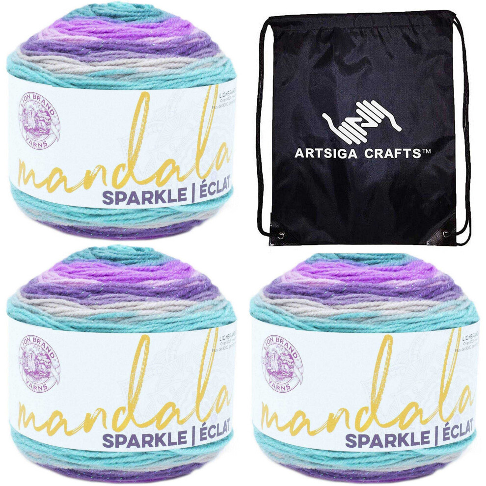 Lion Brand Mandala Sparkle Aquila 527-329 (3-Skeins - Same Dye Lot) DK Light Worsted #3 Acrylic Yarn for Crocheting and Knitting - Bundle with 1 Artsi