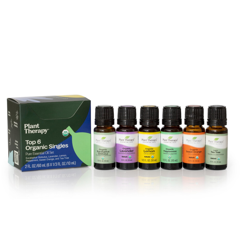 Plant Therapy Top 6 USDA Organic Essential Oil Set - Lavender  Peppermint  Eucalyptus  Lemon  Tea Tree 100% Pure  Natural Aromatherapy  for Diffusion