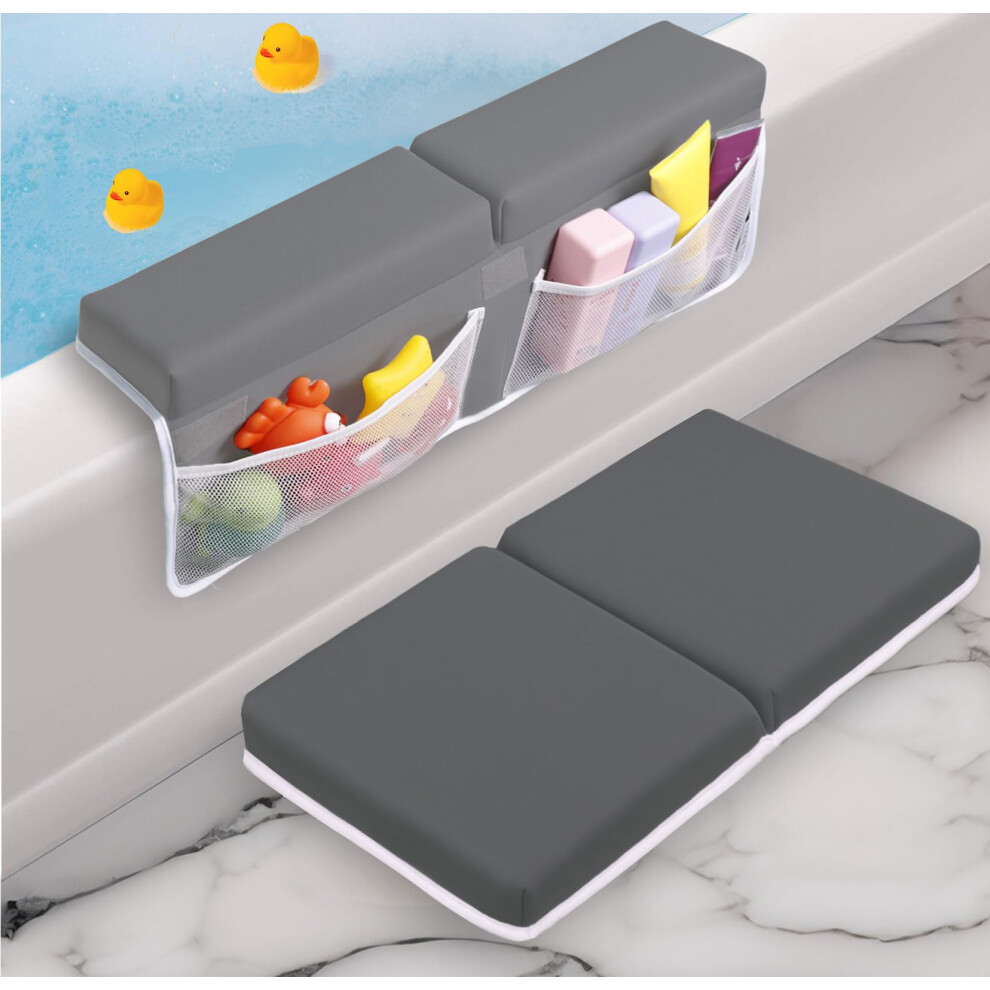 Baby Bath Kneeler And Elbow Rest Pad Set - Baby Bath Support For Knees And Elbows - Bath Kneeler Pad With Memory Foam And Bath Toy Organizer - Toodly