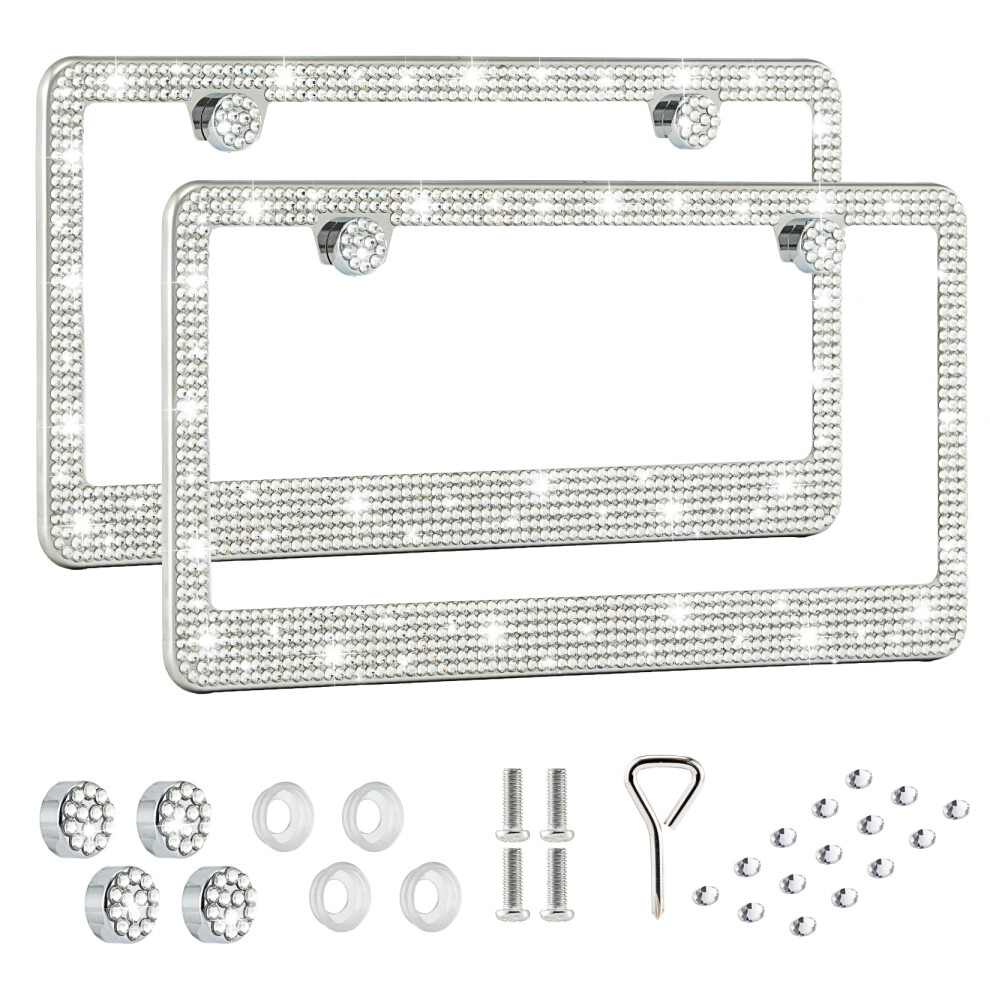 Fiisfiis Bling License Plate Frame For Women 2 Pack Premium Stainless Steel Rhinestone Car License Plate Holder Handmade Glitter Crystal Diamond Girl 606034052918