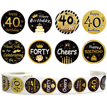 600 PCS 1.5 Inch Happy 40th Birthday Roll Stickers 8 Different Design Black Gold Happy 40th Birthday Round Labels 40th Birthday Party Favor Anni