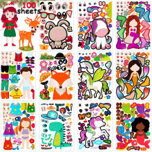 100 Pack Make Your Own Stickers for Kids with 25 Designs DIY Make Animal Face Stickers Funny Mermaid Princess Prince Face Stickers Sheets Part