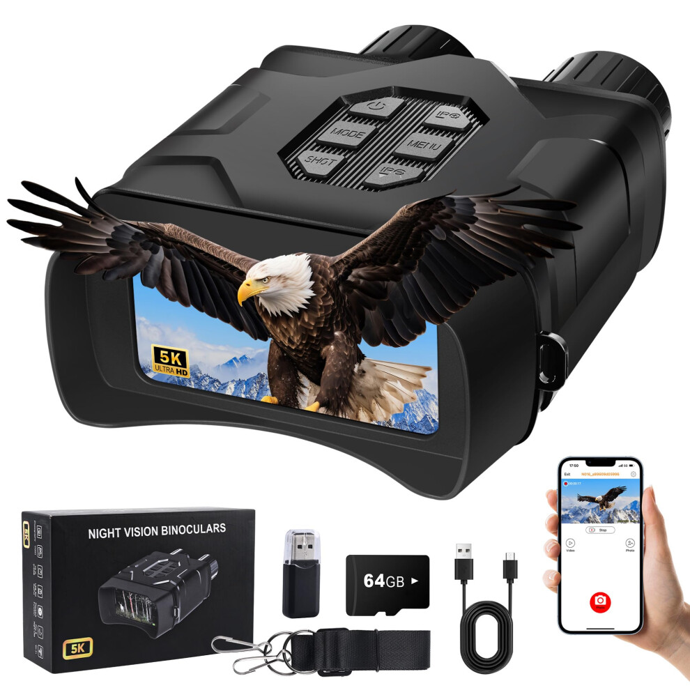 Night Vision Goggles - 5K Night Vision Binoculars for Adults  10X Digital Zoom  4'' UHD IPS Screen and 64GB TF Card for Photos and Videos Perfect for