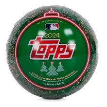 Scatola di latta natalizia Topps Baseball 2024 contenente 59 carte, tra cui una variante dell'immagine natalizia, parallelismi con l'albero di Na