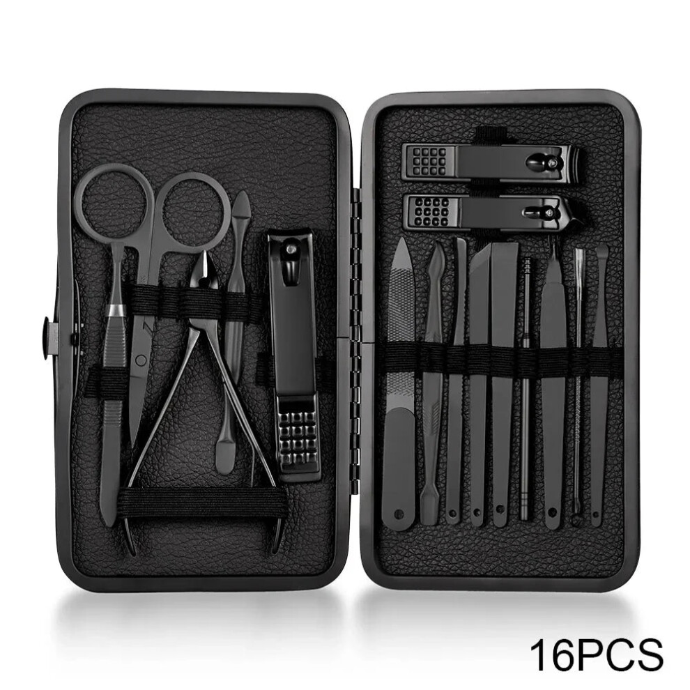 Nail Clippers Of Kiya Steel Black (16Pcs) Nail Clipper Set Stainless Steel Manicure Nail Scissors Pedicure Kit