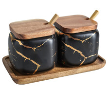 JFFLYIT - 2 juegos de azucareros de cer   mica de m   rmol, tarros de condimentos de cer   mica con tapa y cuchara de madera (negro)