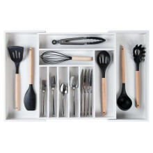 KitchenEdge Premium Silverware Flatware and Utensil Organizer for Kitchen Drawers Food-Safe Contract Grade Expandable from 16 to 28 In White Bamb