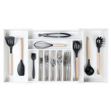 KitchenEdge Premium Silverware Flatware and Utensil Organizer for Kitchen Drawers Food-Safe Contract Grade Expandable from 18 to 33 In White Bamb
